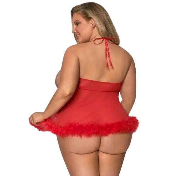 CUPLESS & CROTCHLESS BABYDOLL SET PLUS SIZE 1-3X MAGIC SILK MARABOU RED QUEEN - Picture 3 of 3